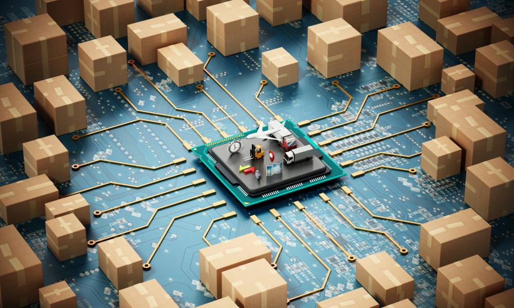 A circuit board that connects cardboard boxes to a central microchip of trucks, forklifts, and other shipping equipment.