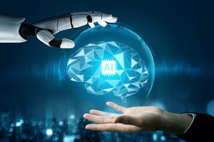 Futuristic robot artificial intelligence concept.