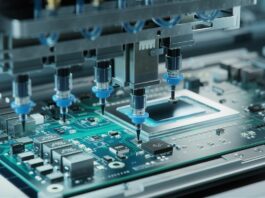 An automatic pick and place machine installs several chips, inductors, and capacitors on a circuit board.