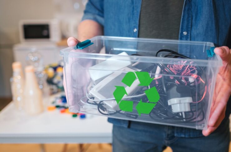A person holds a container with a green recycling logo, as it's filled with various electronics and accessories.
