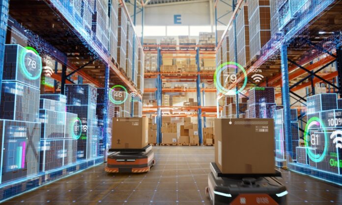 Robots move boxes in an automated warehouse, with infographic percentages overlaid showing storage and efficiency rates. Robots move boxes in an automated warehouse, with infographic percentages overlaid showing storage and efficiency rates.