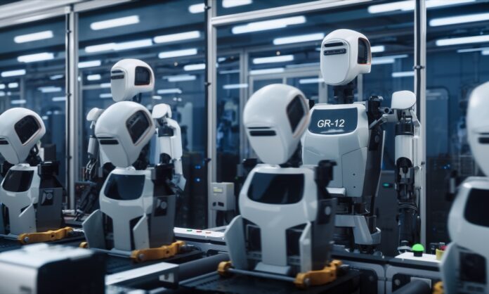 Humanoid robots, including one labeled GR-12, stand in a high-tech factory assembly line under bright industrial lighting.