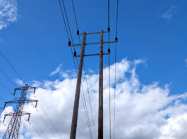 Utility poles carrying utility lines in the air. Behind a smaller wooden pole is a larger transmission system.