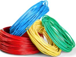 Blue, yellow, red, and green Ethernet cables are wound up nicely. All four cables sit against a white background.