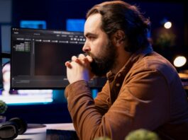 Man focuses on several computer screens at a workstation, with headphones nearby in a dark, blue-lit office.