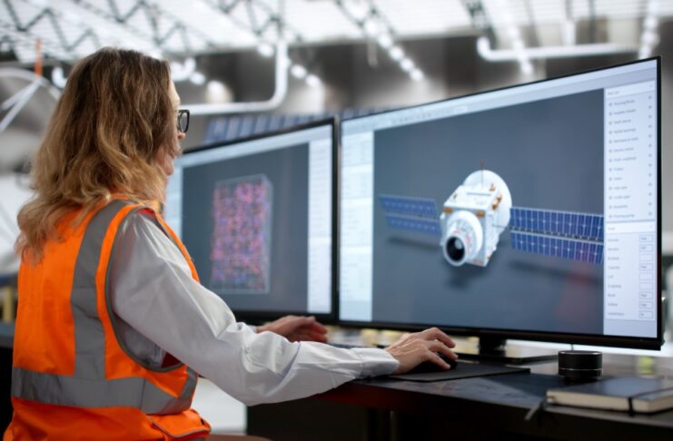 A woman wearing an orange vest sits at a desk with a multi-monitor computer setup. One screen has a satellite on it.