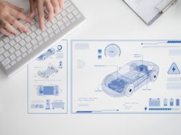 How Engineers Choose Materials for Automotive Conditions A person typing on a keyboard with a technical electric vehicle layout showing smart energy systems on the table.