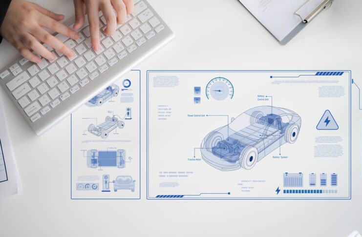 A person typing on a keyboard with a technical electric vehicle layout showing smart energy systems on the table.