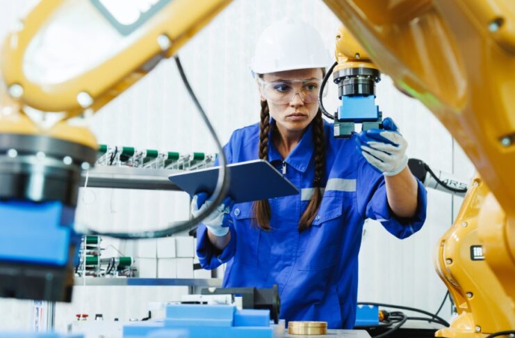 An engineer wearing a hard hat and safety glasses inspecting a yellow robotic arm while holding a clipboard.