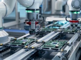 Two robotic arms positioned above green circuit boards on a conveyor assembly line with metal rails and blue lighting.
