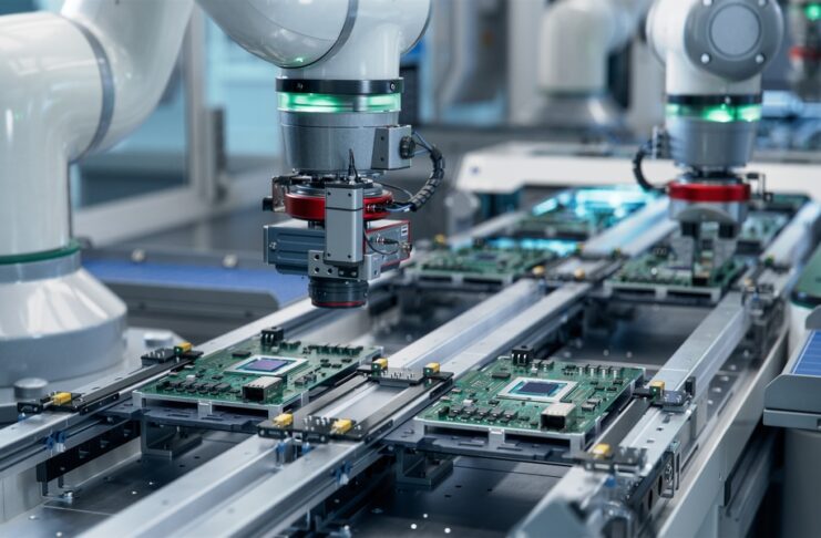 Two robotic arms positioned above green circuit boards on a conveyor assembly line with metal rails and blue lighting.