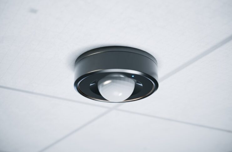 Black circular ceiling-mounted motion sensor with a white dome and blue indicator light installed on white ceiling tiles.