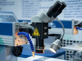 Industrial laser welding machine with microscope guidance for precision manufacturing and metalworking.