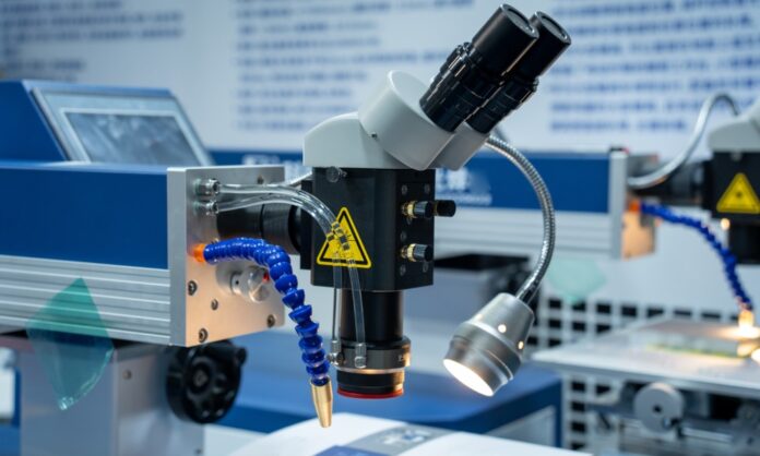 Industrial laser welding machine with microscope guidance for precision manufacturing and metalworking. Industrial laser welding machine with microscope guidance for precision manufacturing and metalworking.